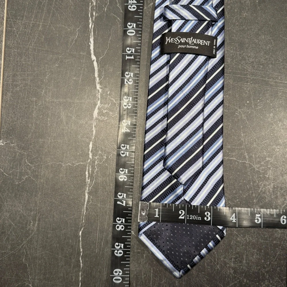 Vintage Yves Saint Laurent Pour Homme Silk Striped Necktie‎ Blue Silver Designer